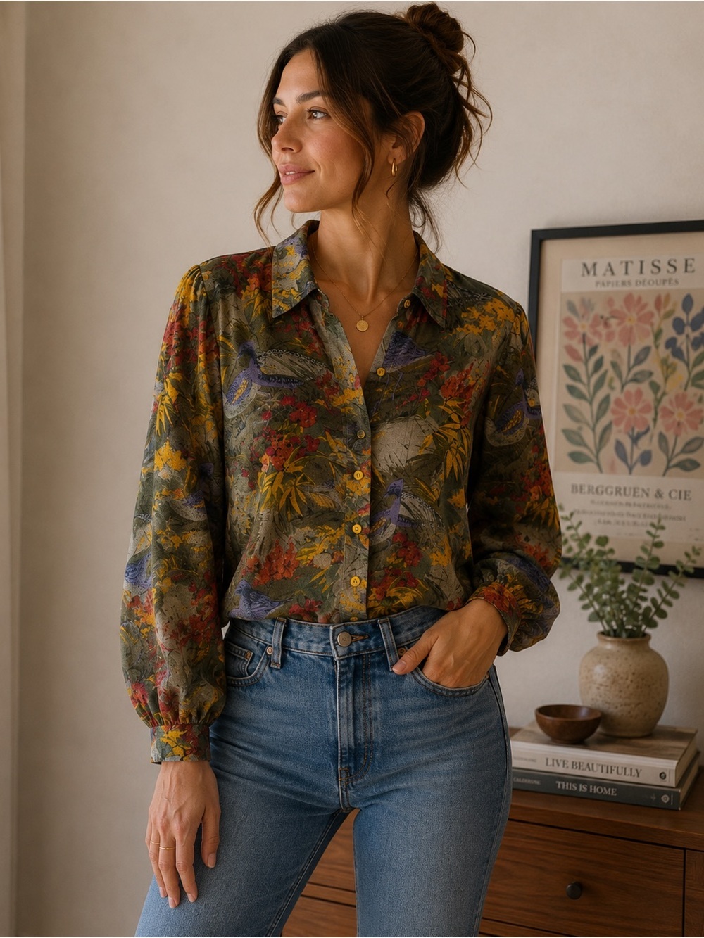 Benson Vintage 90s Floral Bird Button-Up Blouse in Olive & Mustard Size 9 Boho